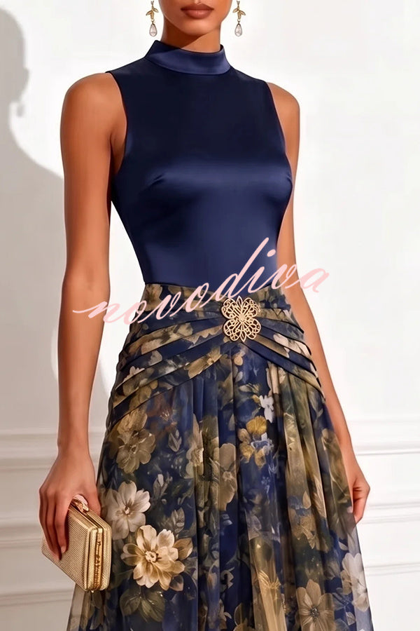 Vestido largo Prairie de satén con cuello alto, detalle de mariposa metalizada y bajo de tul floral