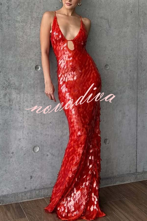 Vestido largo lencero Belleza Renovada de lentejuelas de escamas con escote en U y aberturas