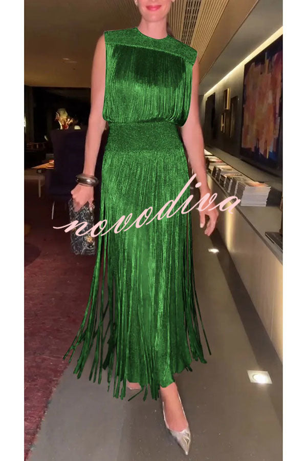 Conjunto elegante de top de punto texturizado sin mangas con flecos y falda larga con cintura elástica