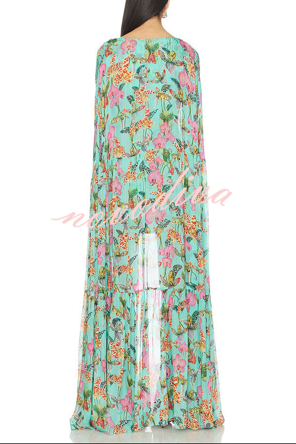 Vestido largo con capa Garden Party con estampado floral en contraste y bajo asimétrico