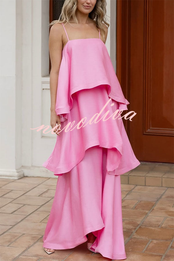 Vestido largo evasé lencero de satén con volantes y escote cuadrado, suave y fluido