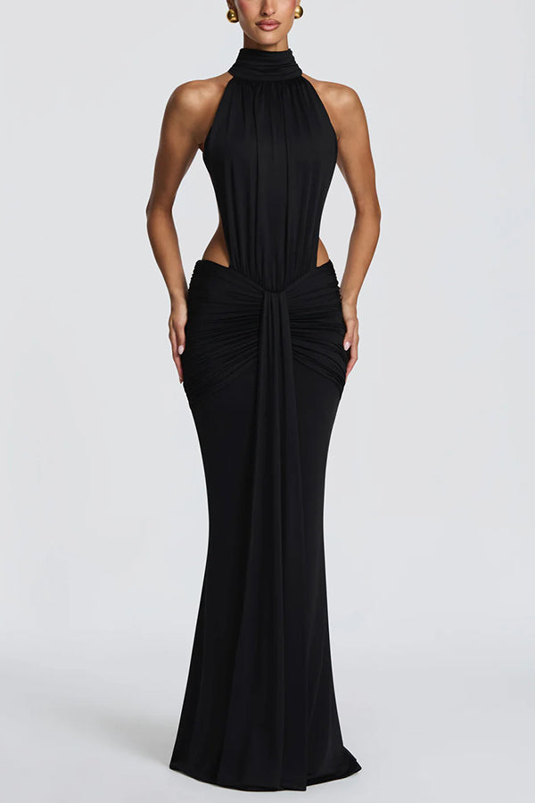 Vestido largo Thekla de punto elástico y fluido con cuello alto, fruncido, espalda descubierta y drapeado
