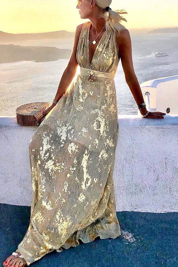 Vestido largo Historias de Atardecer Dorado con escote de pico