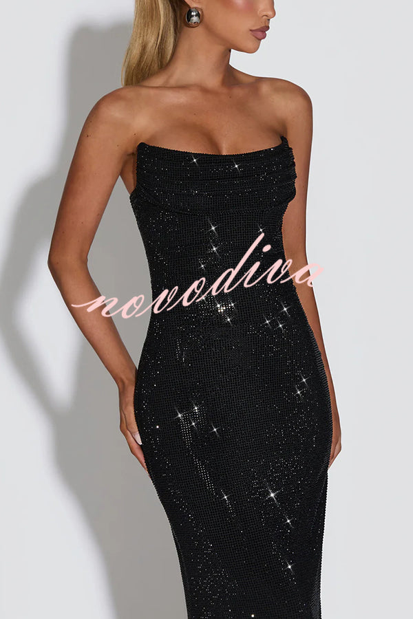 Vestido largo Mirabella palabra de honor de lentejuelas plisado con escote drapeado y lazada en la espalda
