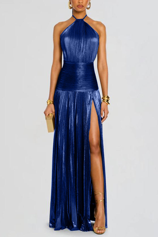 Vestido largo Glamuroso de tejido metalizado plisado con cuello halter, espalda abierta y abertura