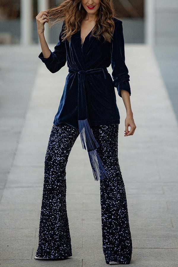 Pantalón acampanado Diva de terciopelo con lentejuelas, talle alto y cintura elástica