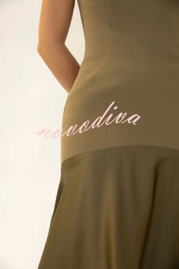 Vestido largo de gala palabra de honor de satén con paneles y vuelo, elegancia atemporal