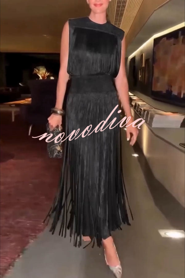 Conjunto elegante de top de punto texturizado sin mangas con flecos y falda larga con cintura elástica