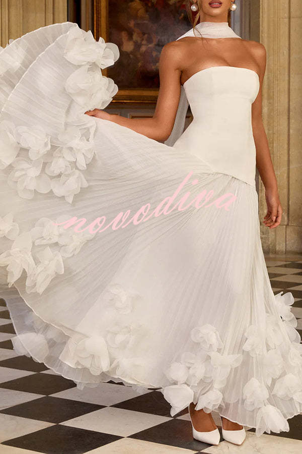 Vestido largo de gala Serafina palabra de honor con apliques florales hechos a mano, bajo plisado y lazada en la espalda