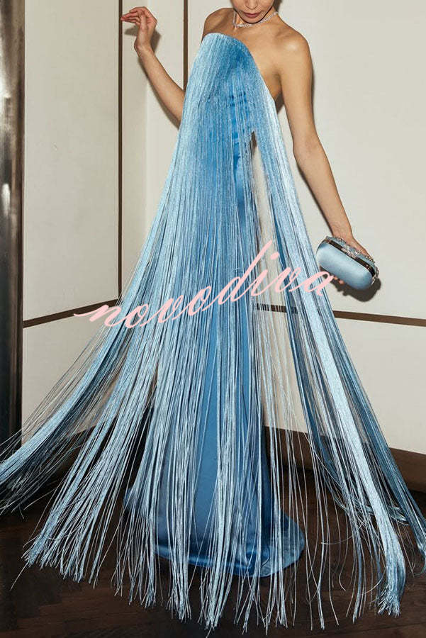 Vestido largo de gala hasta el suelo Dreamy Eye-catching con flecos brillantes y hombros descubiertos