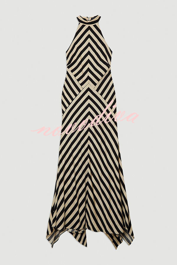 Vestido largo Perfección Moderna con estampado de rayas geométricas, espalda abierta y bajo irregular