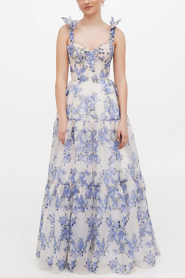 Vestido largo Fairytale Itself de organza con estampado floral y tirantes anudados