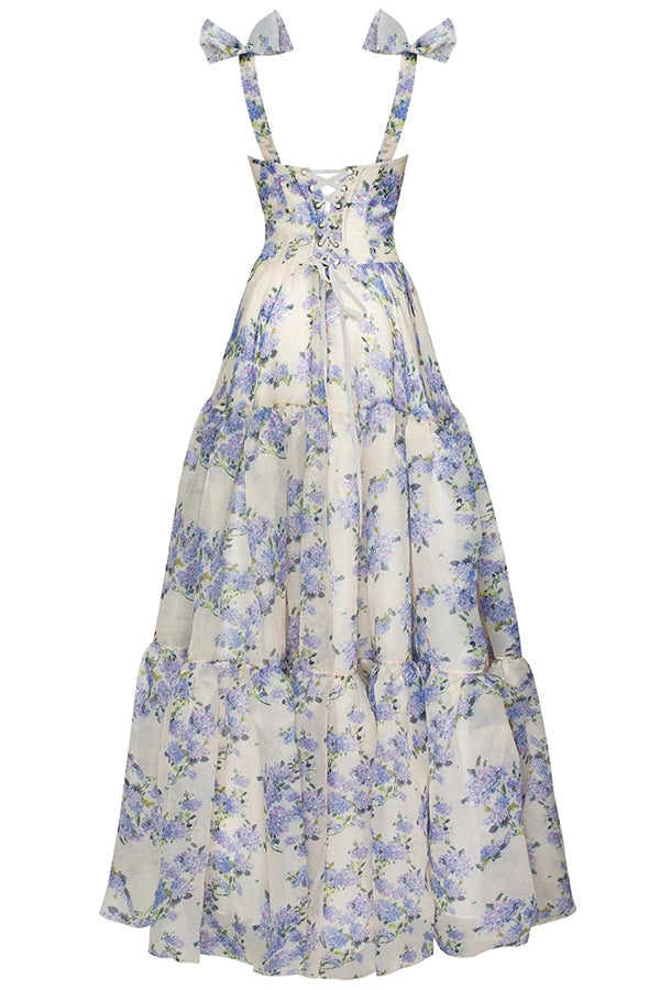 Vestido largo Fairytale Itself de organza con estampado floral y tirantes anudados
