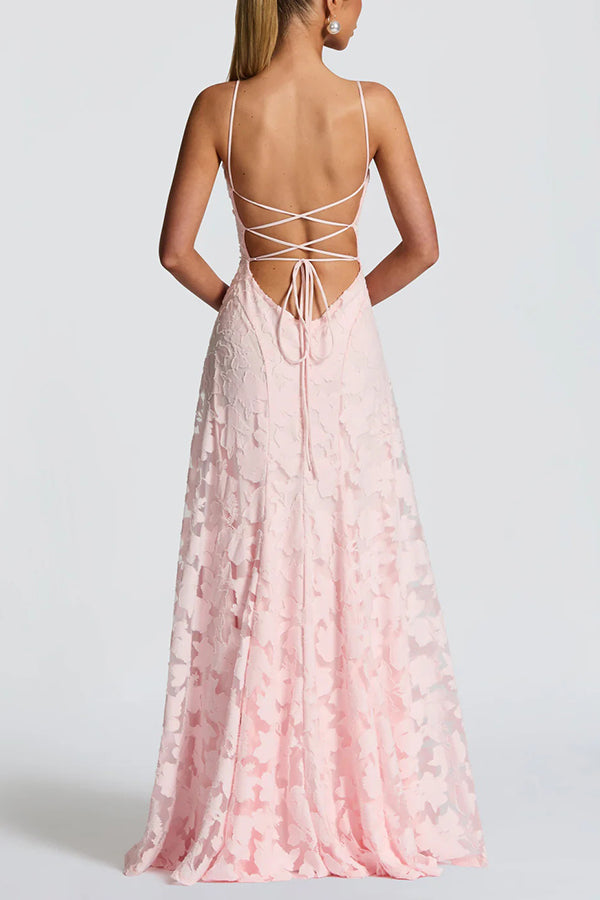 Vestido largo Francis de punto devoré floral con cuello caído y lazada en la espalda
