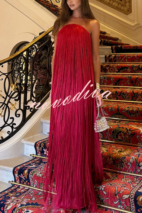 Vestido largo de gala hasta el suelo Dreamy Eye-catching con flecos brillantes y hombros descubiertos