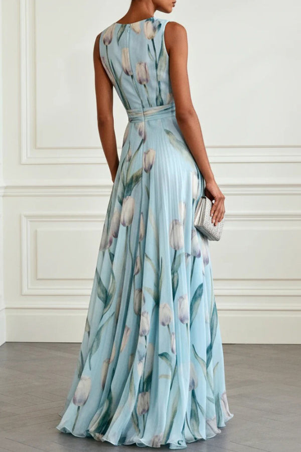 Vestido largo elegante con estampado de tulipanes, escote en V, sin mangas y cintura marcada