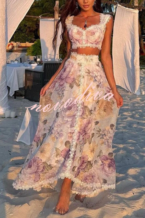 Conjunto Romántico y Bonito de top de tirantes con estampado floral, ribete de encaje y escote corazón y falda larga de talle alto