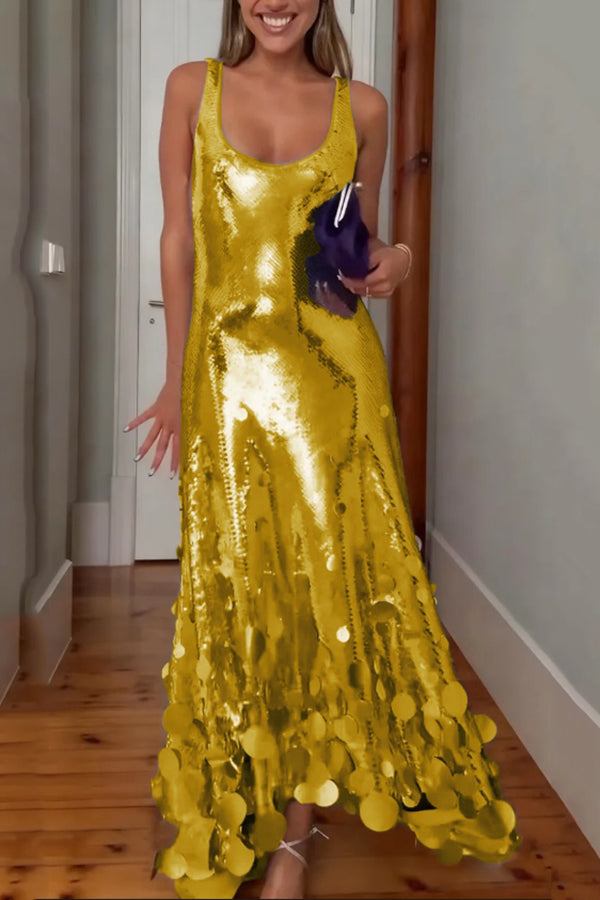 Vestido largo de tirantes Consejos de Fiesta de lentejuelas con bajo de flecos redondos irregulares y abertura en la espalda
