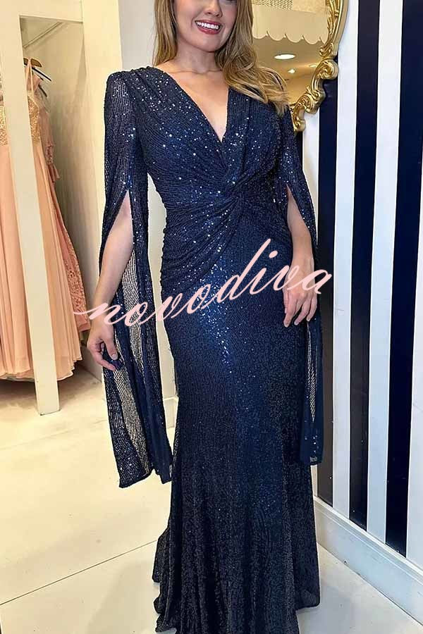 Vestido largo de noche Brilla Más de lentejuelas con manga capa y cintura cruzada