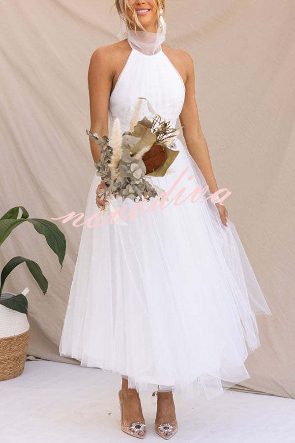 Vestido largo halter Fairy Vibes de tul con detalle fruncido