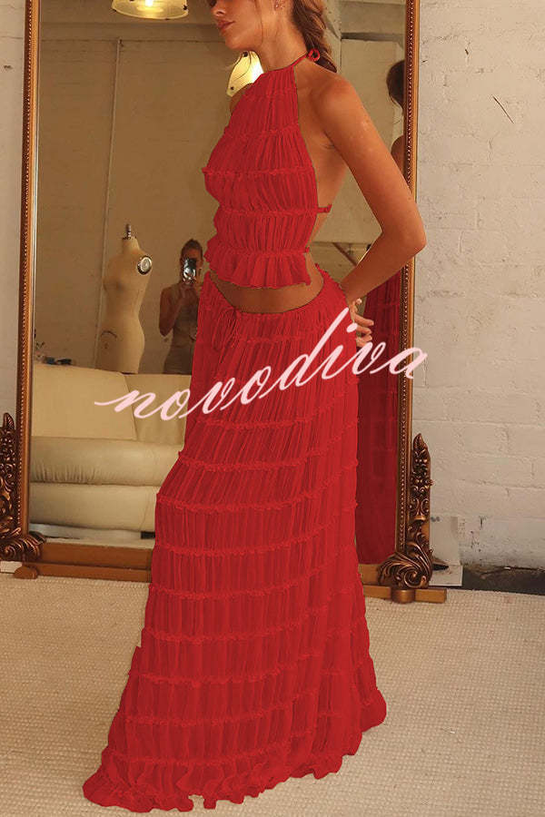Falda larga escalonada plisada con cintura de cordón, versátil y con encanto vintage