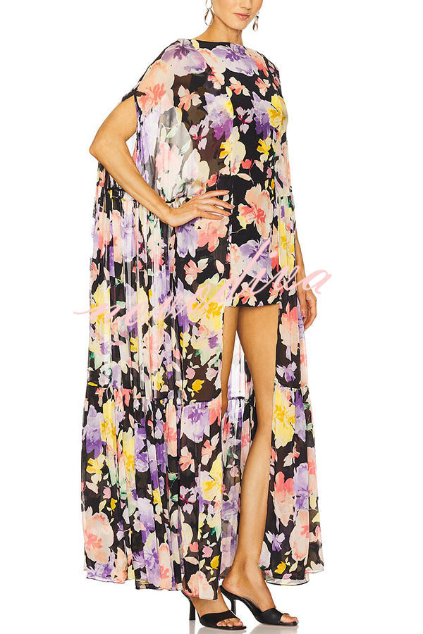 Vestido largo con capa Garden Party con estampado floral en contraste y bajo asimétrico