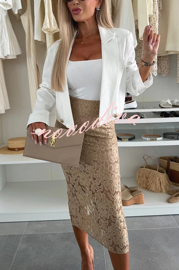 Falda midi elástica Lesia de encaje floral de talle alto con abertura