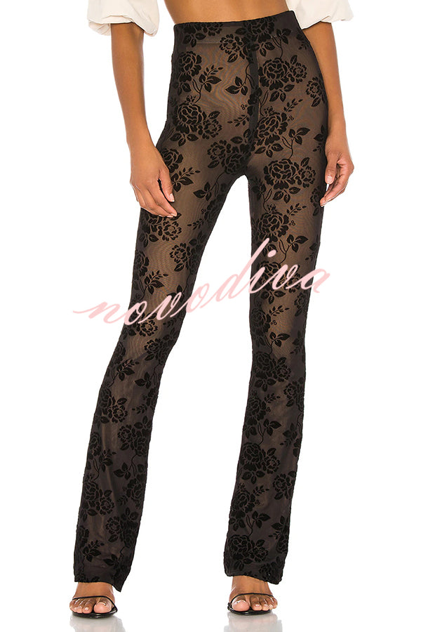 Pantalón acampanado elástico Detalle Romántico de malla con estampado de flores y cintura elástica