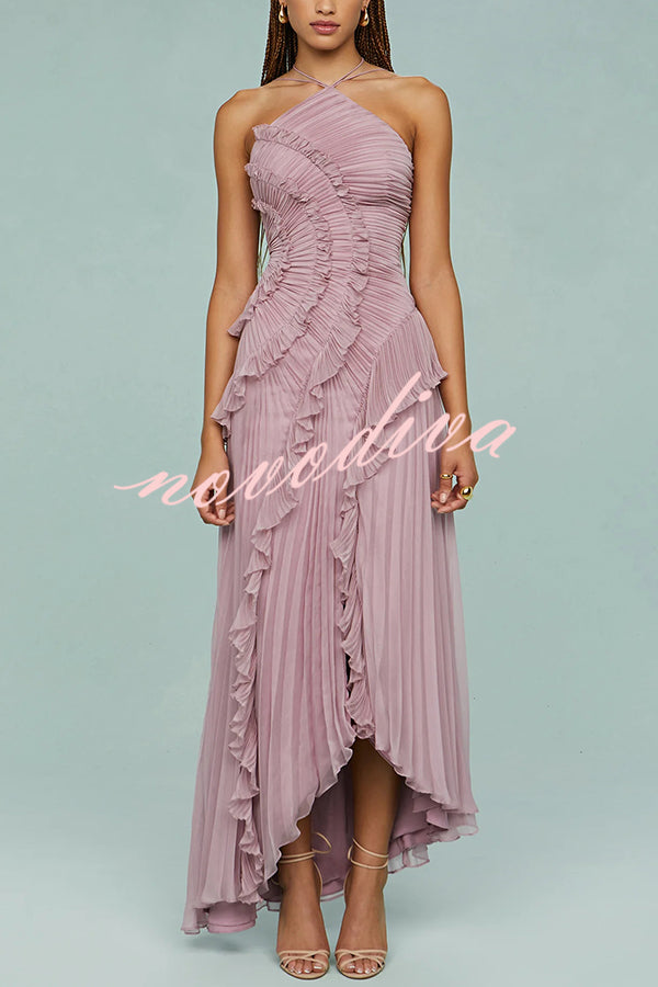 Vestido largo de gala halter Dream Ode con pliegues y volantes estilo nenúfar