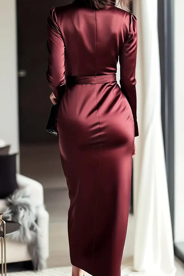 Vestido midi ajustado de satén en color liso con escote en V, manga larga y lazada en la cintura