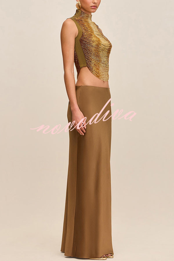 Top de tirantes Siempre Impecable de cuello alto con arcos brillantes y flecos hechos a mano