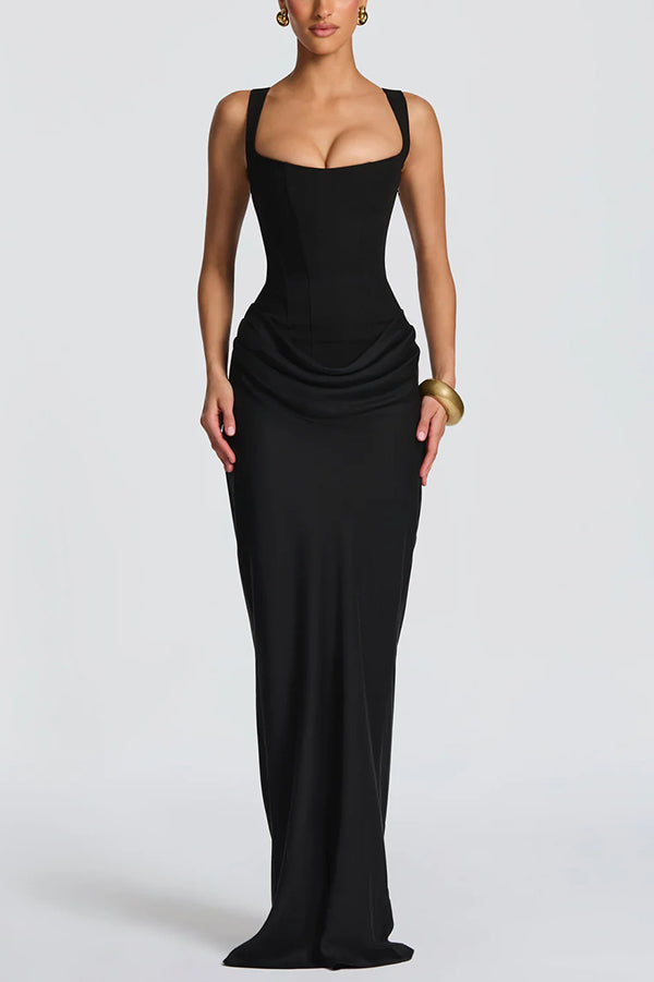 Vestido largo Larrah con escote cuadrado, lazada en la espalda y bajo drapeado de satén