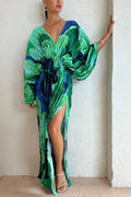 Vestido largo tipo capullo con estampado tropical, manga kimono y plisado