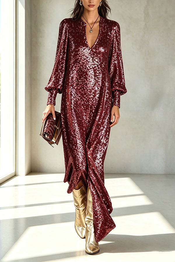 Vestido largo de fiesta Minimalista Brillante de lentejuelas con escote de pico, manga larga globo y abertura