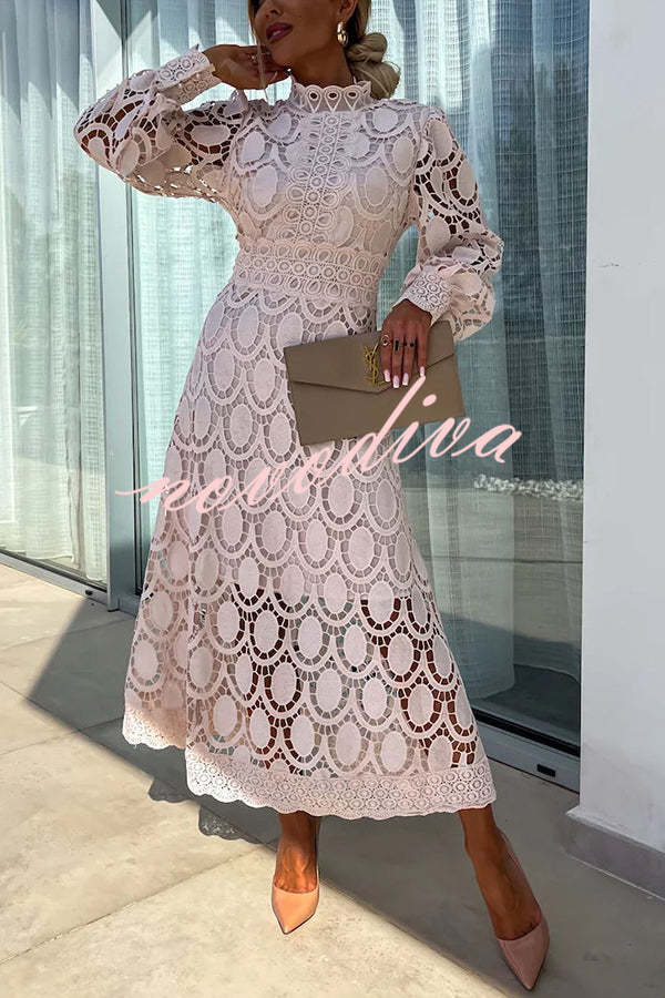 Vestido midi de fiesta Romántico, Sensual y Elegante de encaje de ganchillo con manga farol