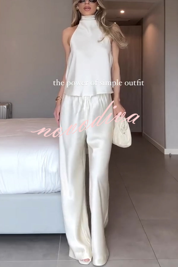 Conjunto Glamour Moderno de top halter de satén con lazada y pantalón ancho con cintura elástica