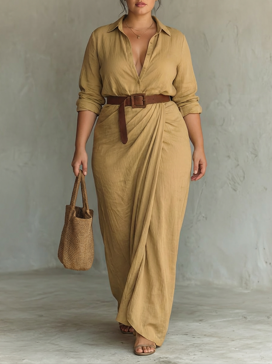Vestido Largo con Cuello Solapa y Manga Larga para Mujer