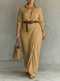 Vestido Largo con Cuello Solapa y Manga Larga para Mujer