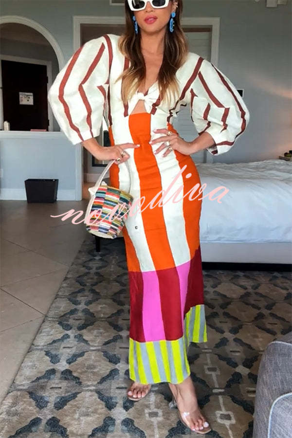 Vestido largo Kaya de mezcla de lino con estampado de bloques de color, abertura delantera con nudo y manga abullonada