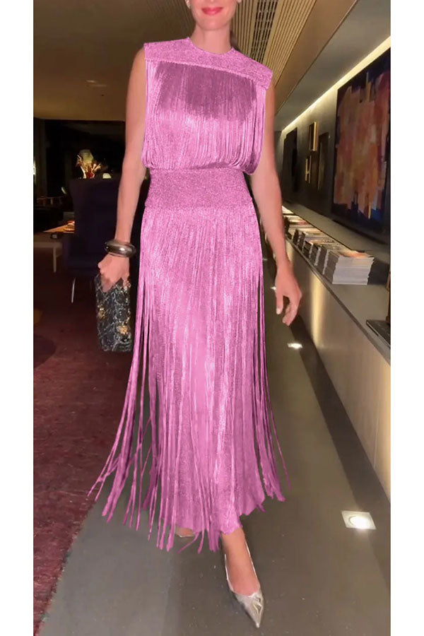 Conjunto elegante de top de punto texturizado sin mangas con flecos y falda larga con cintura elástica