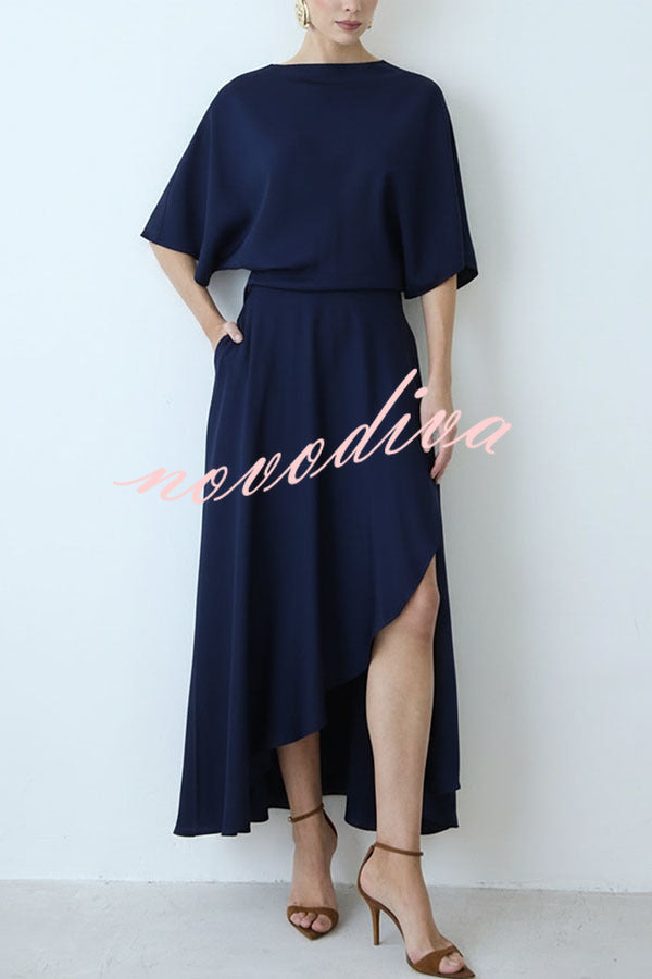 Vestido largo holgado Moderno y Elegante de satén cruzado con media manga ancha, bolsillos y abertura