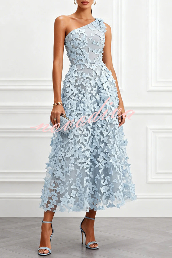 Vestido midi evasé Lynelle de tul con flores y mariposas 3D, asimétrico de un hombro y sin mangas
