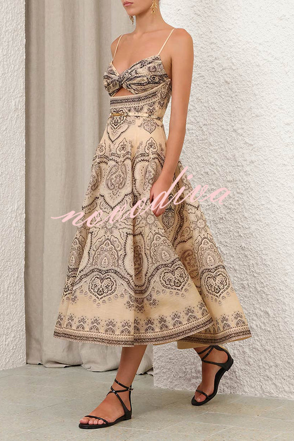 Vestido midi lencero Luna de mezcla de lino con estampado de cachemir, espalda cruzada, fruncido y bolsillos