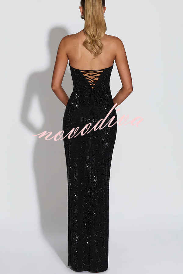 Vestido largo Mirabella palabra de honor de lentejuelas plisado con escote drapeado y lazada en la espalda