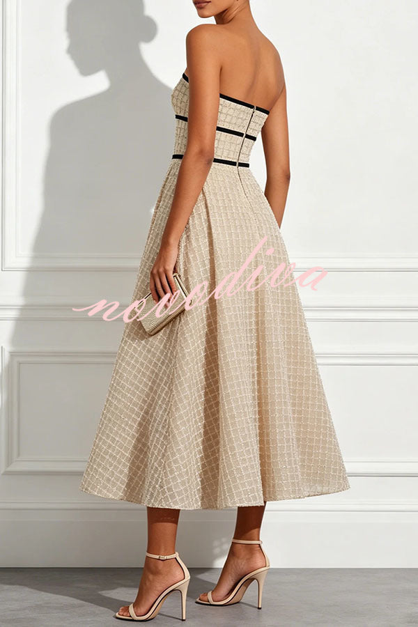 Vestido midi evasé palabra de honor de cuadros y lentejuelas con detalle de lazo