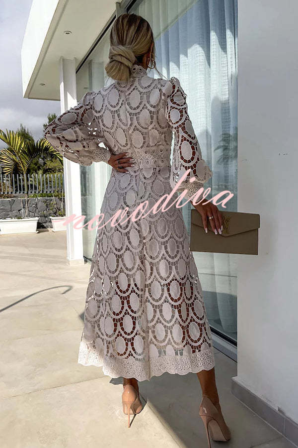 Vestido midi de fiesta Romántico, Sensual y Elegante de encaje de ganchillo con manga farol