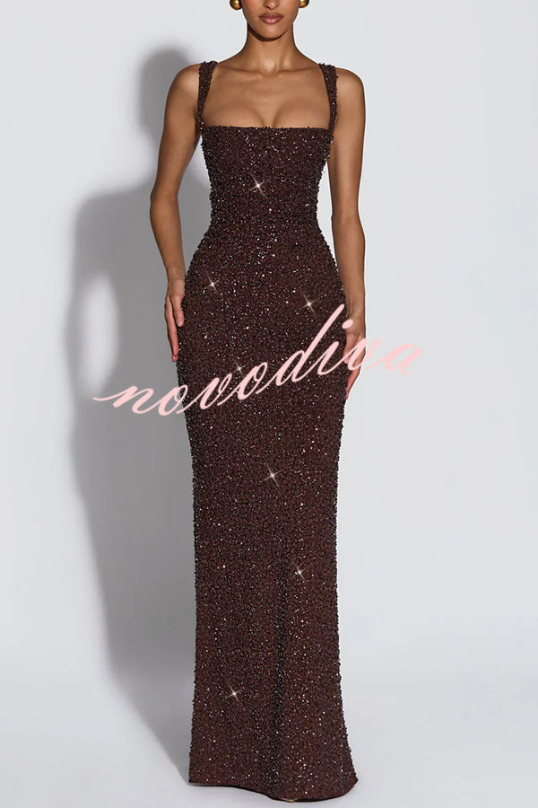Vestido largo Calanthe de gasa con lentejuelas, fruncido, escote cuadrado y lazada en la espalda
