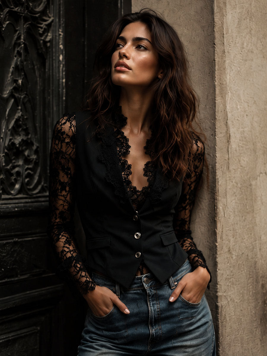 Noemí | Top Blazer Negro Con Mangas Semitransparentes