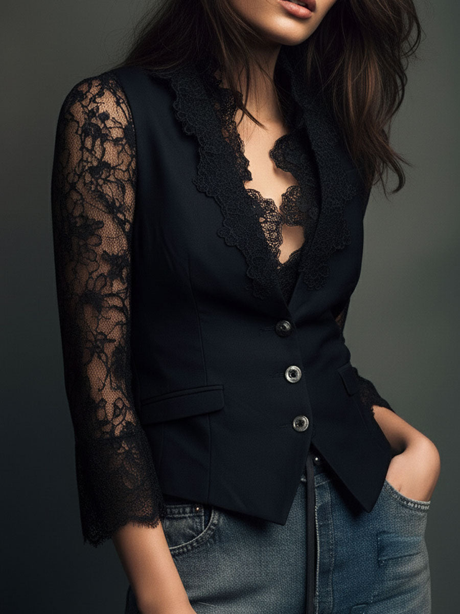 Noemí | Top Blazer Negro Con Mangas Semitransparentes