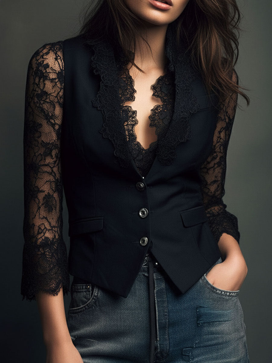 Noemí | Top Blazer Negro Con Mangas Semitransparentes